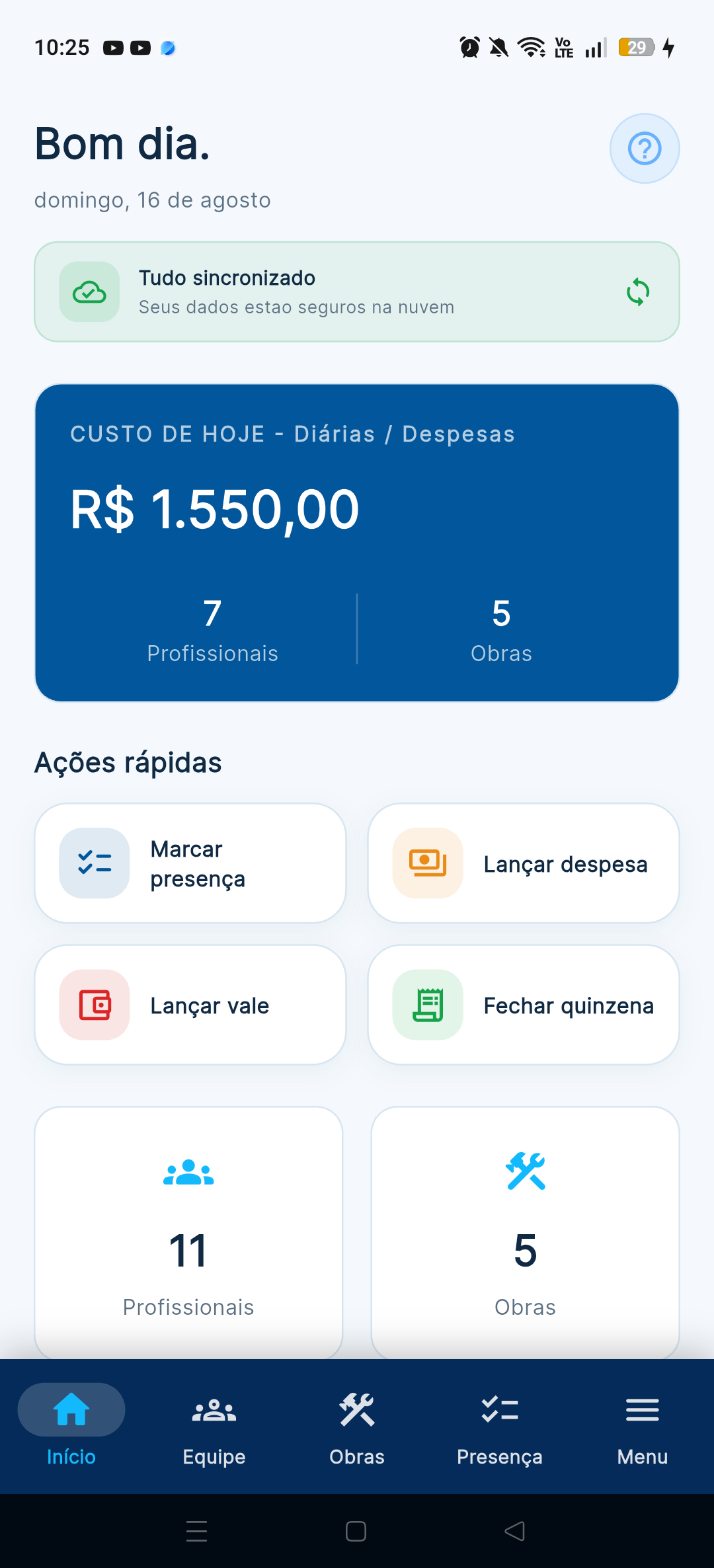 Dashboard do Geobra mostrando custos do dia, equipe, obras e ações rápidas