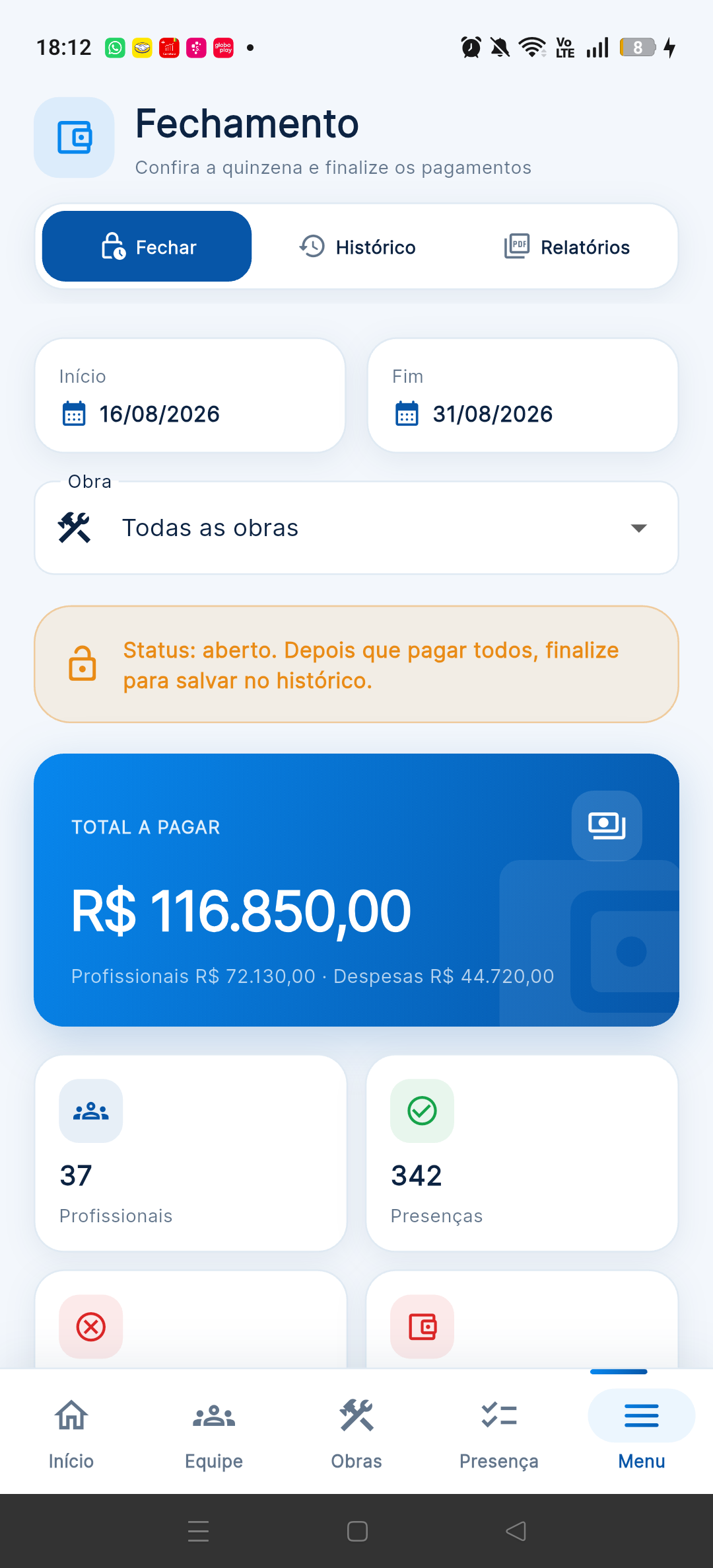 Tela demonstrativa de fechamento do Ajusto com 37 profissionais e valores fictícios formatados