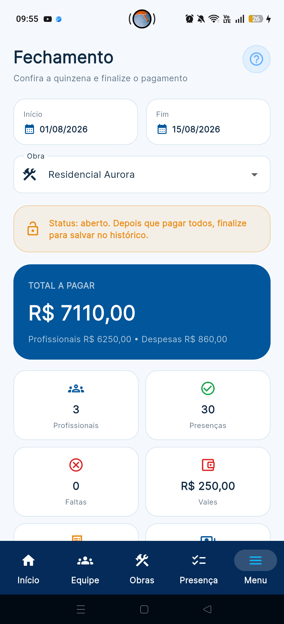 Tela demonstrativa de fechamento do Geobra com valores fictícios do período